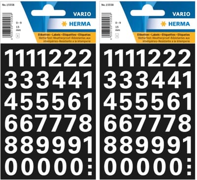 Herma Stickervel nummers - cijfers / getallen - 0 t/m 9 - 2x vellen - wit - 15 mm - watervast
