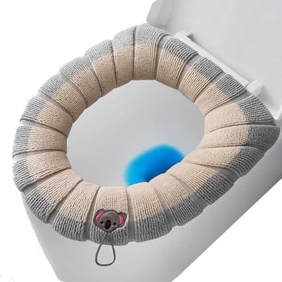 Zachte toiletbrilhoes - Toiletbrilhoes - Zachte toiletdekselhoes - Warme toilethoes - Met handvat - Rekbare badkamertoiletbrilhoes voor de winter - Zacht en warm - Past op de meeste ovale toiletbrillen - Grijs, beige