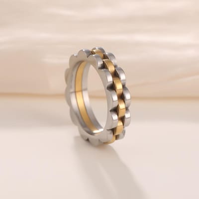 Europese en Amerikaanse Niche Tandwiel Roestvrij Staal Ring, Hip-hop Minimalistische Stijl, Mode Roestvrij Staal Vingerring 7 beige