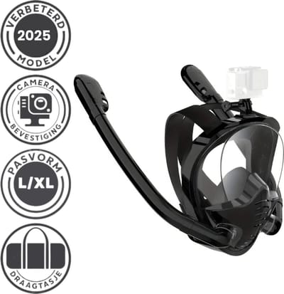 Dutchers® Snorkelmasker Volwassenen L/XL- Snorkelset Zwart - Full Face Duikmasker - Duikbril met Snorkel - Snorkelen en duiken in 2025