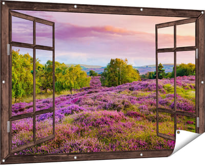 Gards Tuinposter Doorkijk Paarse Weide - 150x100 cm - Tuindoek - Tuindecoratie - Wanddecoratie buiten - Tuinschilderij