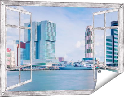 Gards Tuinposter Doorkijk Rotterdamse Skyline aan het Water - 90x60 cm - Tuindoek - Tuindecoratie - Wanddecoratie buiten - Tuinschilderij