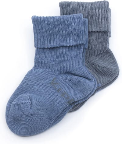 KipKep Babysokjes Blauw: Bio Blijf-Sokjes - Maat 6-12 mnd - Denim Blue - Antraciet - 2 paar - zakken niet af