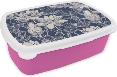 Broodtrommel Roze - Lunchbox - Brooddoos - Lotus - Blauw - Patronen - 18x12x6 cm - Kinderen - Meisje