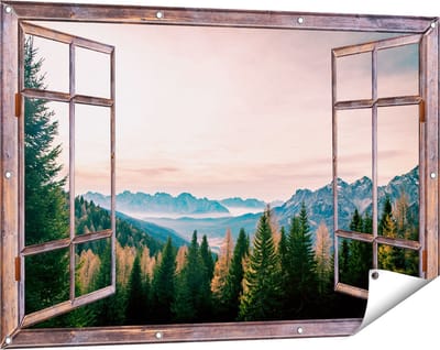 Gards Tuinposter Doorkijk Bos met Bomen bij Bergen Landschap - 120x80 cm - Tuindoek - Tuindecoratie - Wanddecoratie buiten - Tuinschilderij