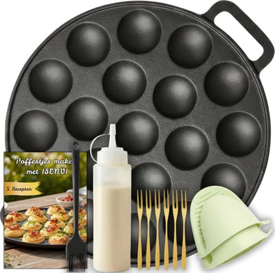 ISENVI Byron - Gietijzeren Poffertjespan met E-book - 24 cm - Inductie en Elektrisch - Incl. 6 Gouden Vorkjes, Spuitfles, Kwast & Siliconen Ovenwanten - Poffertjesmaker