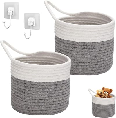 Hanging Basket van Katoen, 2 Stuks Wandmanden voor Babyspullen, Opbergmanden met Handvatten voor Badkamer, Woonkamer en Kinderkamer (Wit + Grijs)