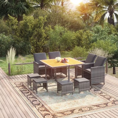 vidaXL - 9-delige - Tuinset - met - kussens - poly - rattan - grijs