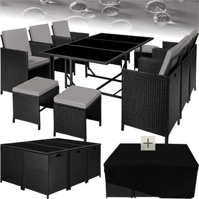 tectake® - Tuinset Malaga - Outdoor Balkon Tuinmeubelset - Loungeset met 6 stoelen, 4 krukken, 1 tafel en beschermhoes - Wicker vlechtwerk - Weerbestendig en Ruimtebesparend - Zwart/Grijs