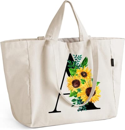 Canvas Shopper - Draagtas Herbruikbaar - Boodschappen & Strand - Met Rits en Binnenzak - 36x19x32 cm - Zonnebloem Print