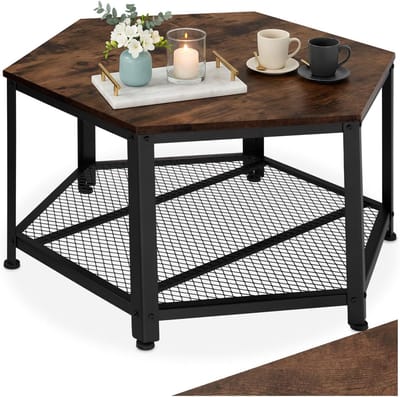 Salontafel Zeshoekig - Koffietafel Woonkamer - Woonkamer Meubel - Industrieel Design Metaal - 86x75x46cm - Donkerbruin Zwart