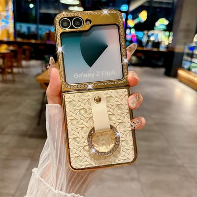 Elektrogeplateerde Geweven Leren Ring Telefoonhoes voor Samsung Galaxy Z Flip 6 5 Samsung Flip6 Flip5 Schokbestendige Beschermhoes For Samsung Galaxy Z Flip6