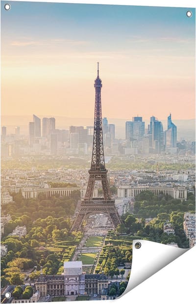 Gards Tuinposter Skyline van Parijs met de Eiffeltoren - 60x80 cm - Tuindoek - Tuindecoratie - Wanddecoratie buiten - Tuinschilderij