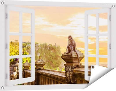 Gards Tuinposter Doorkijk Aap op de Uluwatu Tempel in Bali - 90x60 cm - Tuindoek - Tuindecoratie - Wanddecoratie buiten - Tuinschilderij