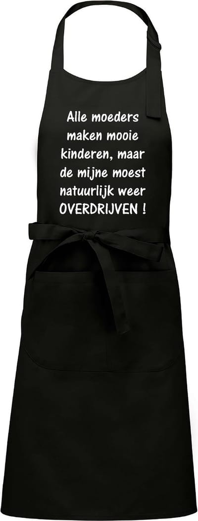 Mijncadeautje Schort - Overdrijven - opdruk wit - mooie en exclusieve keukenschort - zwart