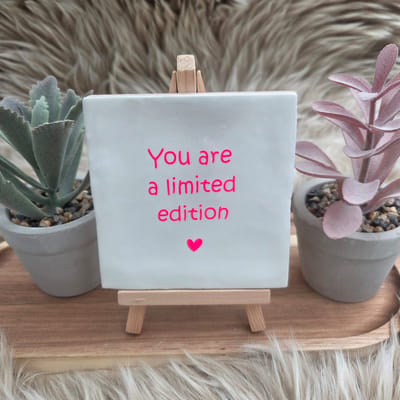 Robuust Wenstegeltje – You Are a Limited Edition – Hip trendy tegeltje – Uniek Cadeau voor Vriendin, Zus of Collega – Stoer & Stijlvol Woonaccessoire - Zomaar - Afscheid - Pensioen – Trendy nu – Decoratief Tegeltje met Standaard – Cadeau Idee