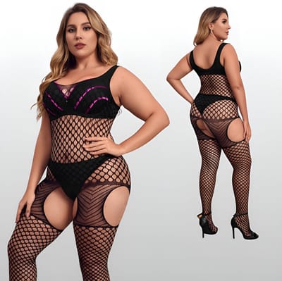 Plus Size Open Kruis Bodystocking Zwart - Visnet - Sexy Lingerie - One Size L-XL+ (40-44) | LS110