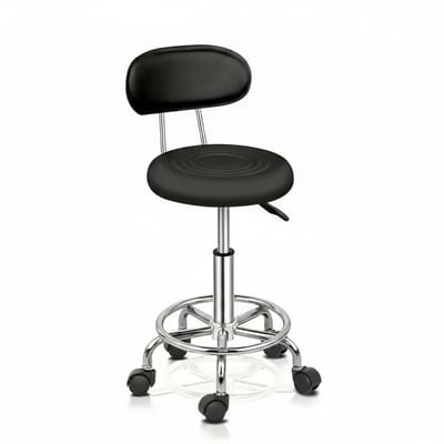 Professionele Salon Kruk Zwart met Rugleuning – In Hoogte Verstelbare Werkkruk (48–58 cm) – 360° Draaibaar – PU Zitvlak met Wielen – Voor Beauty, Massage & Nagelstudio
