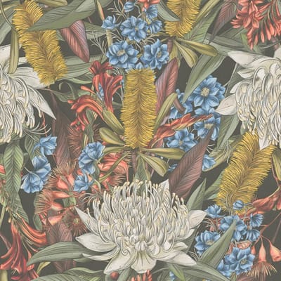 Bloemen behang Profhome 394282-GU vliesbehang hardvinyl warmdruk in reliëf licht gestructureerd met bloemmotief mat zwart groen blauw rood 5,33 m2
