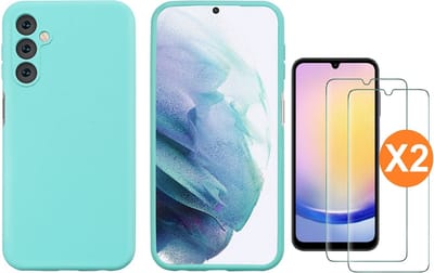 Hoesje Geschikt Voor Samsung Galaxy A25 Hoesje siliconen Mint Groen zacht siliconen hoesje TPU backcover - Met Screenprotector - 2 stuks