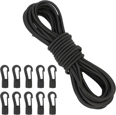 Zwarte Rubber Tension Rope 6 mm x 10 m met 10 Plastic Haken voor Zeilen, Kamperen en Tenten - Weerbestendige Touw voor Zeilnetten en Tarps