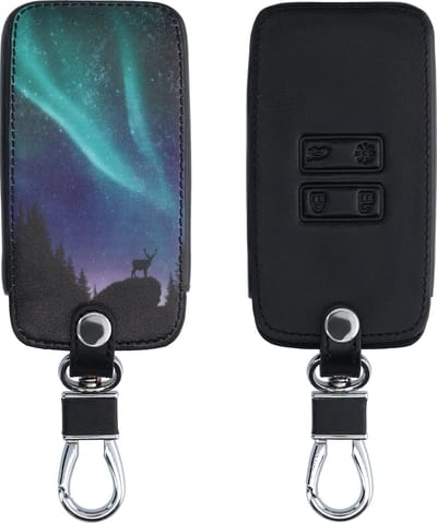 kwmobile autosleutelhoes geschikt voor Renault 4-knops Smartkey autosleutel (alleen Keyless Go) - Hoesje van imitatieleer in turquoise / blauw / zwart - Noorderlicht Hert design
