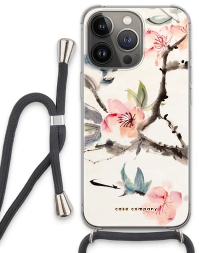 Case Company® - Hoesje met koord geschikt voor iPhone 13 Pro hoesje met Koord - Japanse bloemen - Telefoonhoesje met Zwart Koord - Bescherming aan alle Kanten en Over de Schermrand