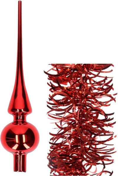 Kerstversiering glazen piek glans 26 cm en golf folieslingers pakket rood van 3x stuks - Kerstboomversiering