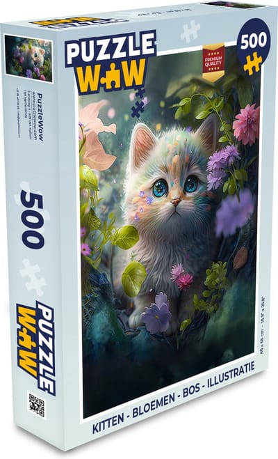 Puzzel Kitten - Bloemen - Bos - Illustratie - Poes - Legpuzzel - Puzzel 500 stukjes
