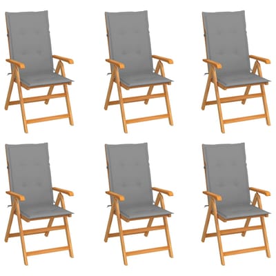vidaXL - Inklapbare - stoelen - 6 - st - met - grijze - kussens - massief - teakhout