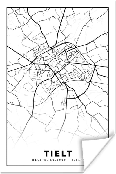 Poster Kaart – Plattegrond – Stadskaart – Tielt – België – Zwart Wit - 120x180 cm XXL
