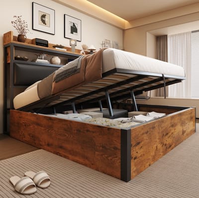 MEUNIQ bedframe 180x200 cm met hydraulische opbergruimte, USB-aansluitingen, gestoffeerd hoofdbord en lattenbodem voor slaapkamer, zwart