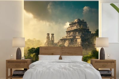 Behang - Fotobehang Tempel - Jungle - wolken - Lucht - Natuur - Breedte 240 cm x hoogte 240 cm