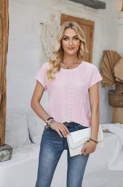 ASTRADAVI Damesmode - Top - Mooie Uitgeholde Jacquard Shirt - Lichtroze / Small