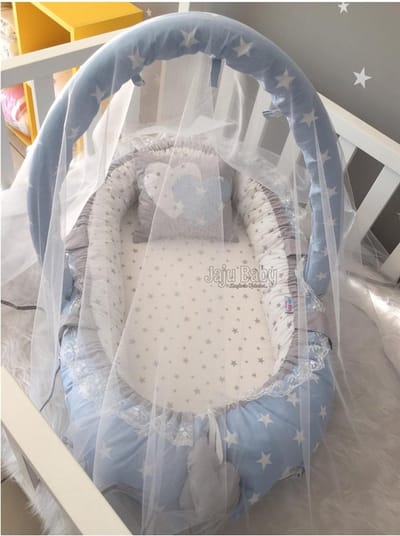 SNS Baby - Babynestje - Hoofdkussen en Klamboe- Blauw - 74 x 40 cm