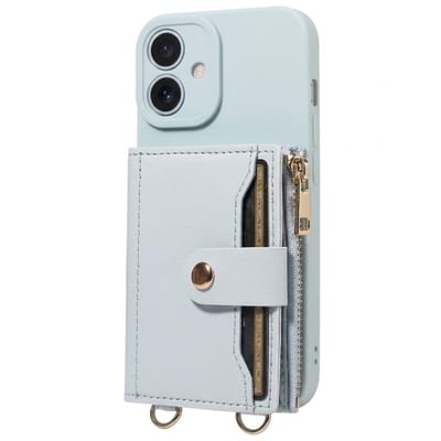 Lichtblauw telefoon hoesje met portemonnee en rits geschikt voor iPhone 16 – kunstleer beschermende wallet case voor dames en heren met pasjeshouder, druksluiting, draagkoord bevestiging en standaard functie