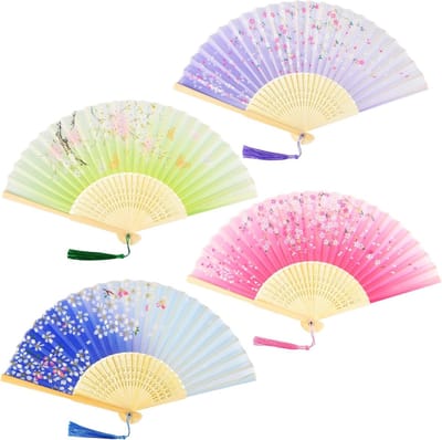 4 Stuks Handgevouwen Vrouwenventilators, Vouwbare Zijdeventilator met Kwastje voor Wanddecoratie en Trouwringen, Perfecte Cadeaus voor Vrouwen en Feestjes