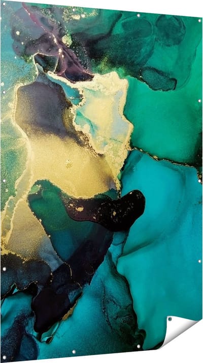Gards Tuinposter Abstracte Kunst - Groen met Goud - 120x180 cm - Tuindoek - Tuindecoratie - Wanddecoratie buiten - Tuinschilderij