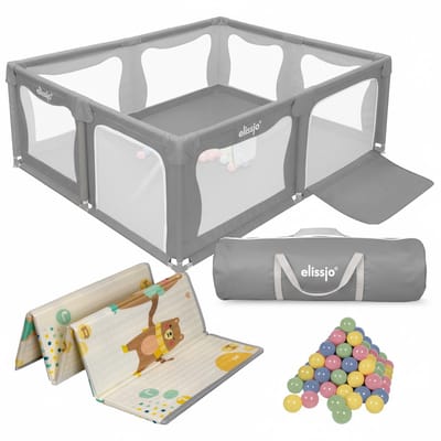 Elissio® - Grondbox Baby – Inclusief Dubbelzijdige Speelmat – Baby Speelbox met 50x Speelballen - Kinderbox - Playpen - 180x150 CM - Grijs