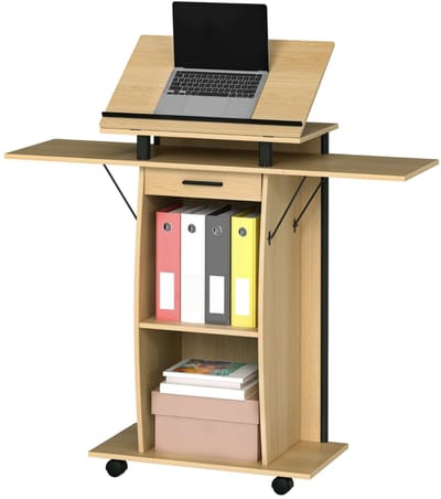 MODFU Verrijdbaar Katheder – Met Opklapbare Zijpanelen & Kantelbaar Blad – Flexibele Breedte 45,5–126 cm – Bureau voor Presentatie of Thuiswerken – Eikenkleur