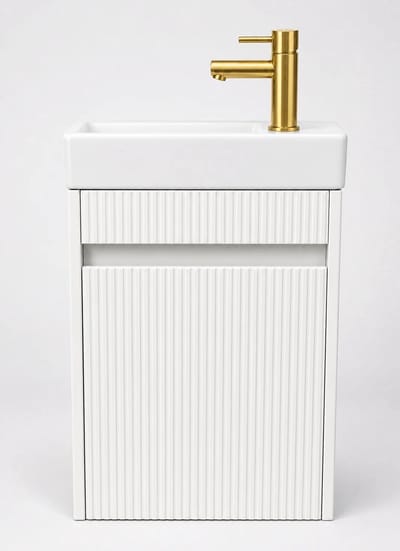 Zimmer Toiletmeubelset Hoogglans Wit Geribbeld 40 cm | Inclusief Gouden Kraan, Sifon & Pop-up Waste | Keramische Wastafel | Wandhangend Fonteinmeubel | 40 x 22,5 x 63 cm