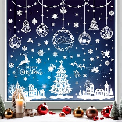 Dailygoods- Kerststickers 244 Stuks - Raamstickers Kerst - Dubbelzijdige Stickers - Sneeuwvlokken/Bomen - Herbruikbare Decoratie - 9 Vellen 30x20 cm