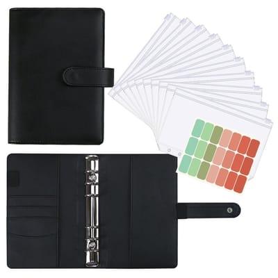 Planbooks - Geldbesparende map - A6 Budget Binder - Spaaruitdagingenboek - Budgetmap met ritssluiting - A6 formaat - Tas met ritssluiting en 12+21 labels - Enveloppen voor contant geld - Budgetplanner - Geld sparen - Zwart
