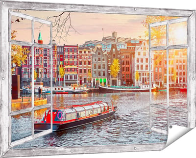 Gards Tuinposter Doorkijk Amsterdamse Huisjes vanaf de Grachten - 150x100 cm - Tuindoek - Tuindecoratie - Wanddecoratie buiten - Tuinschilderij
