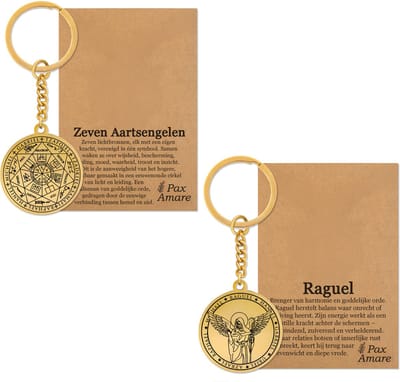 Aartsengel Raguël Sleutelhanger Bundel - Goudkleurig - Set van 2 Beschermengel Sleutelhangers - Spiritueel Medaillon - Pax Amare