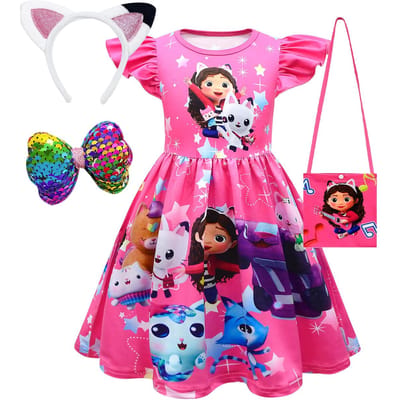 Robe Fille Manches Courtes La Maison Magique de Gabby Princesse Gabby Chat Jupe Tutu en Maille Fête d'Anniversaire Enfant Robe Déguisement Costume 130(7-8Years) pink
