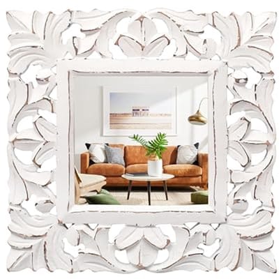 Decoratieve 10 inch witte vierkante wandspiegel met houten lijst – Perfect voor woonkamer, slaapkamer en badkamer