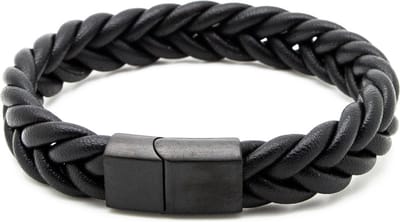 Sorprese armband - Premium - armband heren - leer - zwart - 21 cm - zwarte sluiting - cadeau - Model P