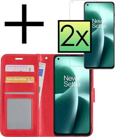 Hoesje - Met 2x Screenprotector - Geschikt voor OnePlus Nord 2T - Luxe Pasjeshouder - Bookcase Portemonee - Flip Case - Kunstleer Book Case - Flipcase Hoes - Book Cover - Walletcase - Portemonneehoes - Rood
