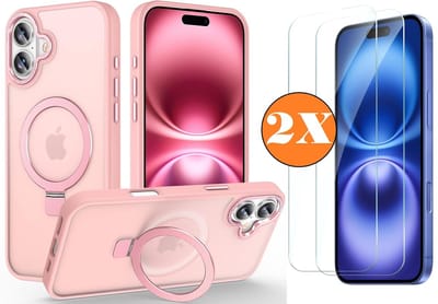 Hoesje Geschikt voor iPhone 16 Plus MagSafe Hoesje met Ring Stand Rose Goud - Hoesje MagSafe iPhone 16 Plus Screenprotector Gehard Glas 2X